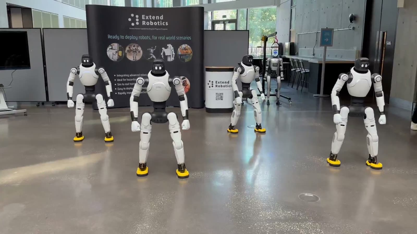 Two humanoid robots performing a synchronised routine